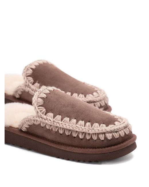 Mou Brown Crochet-Detail Sheepskin Slippers