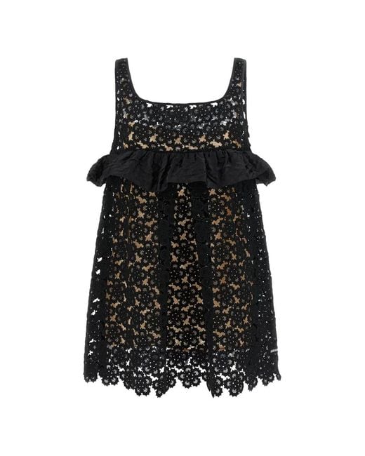 Miu Miu Black Floral-Macramé Ruffled Dress