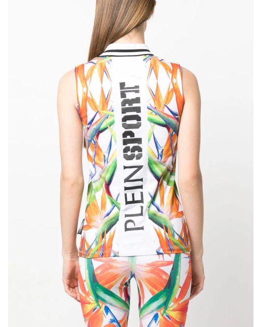 Philipp Plein White Floral-Print Sleeveless Cotton Polo Top
