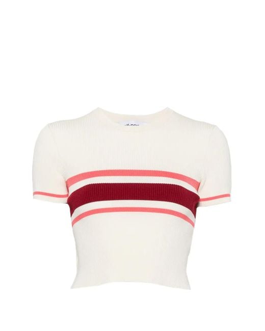 Self-Portrait Red Striped Ribbed-Knit T-Shirt