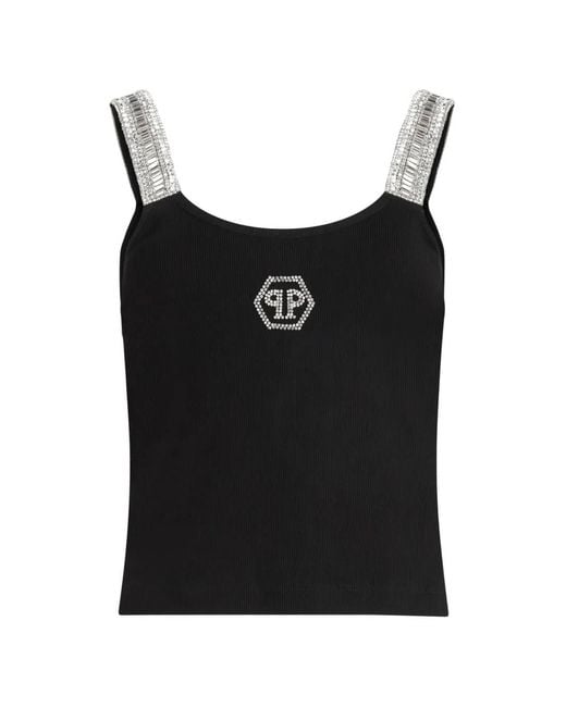 Philipp Plein Black Rib Tank Top Strass Hexagon
