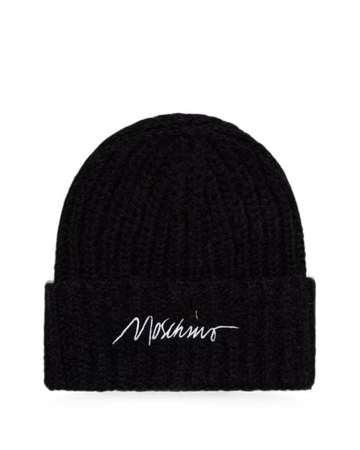 Moschino Black Logo-Embroidered Ribbed Beanie Hat