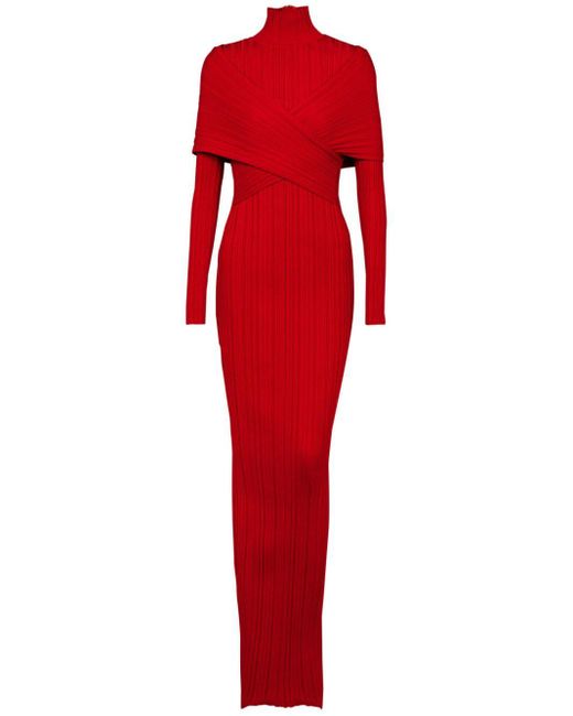 Balmain Red Pleated Knit Dress