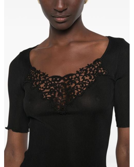 Saint Laurent Black Lace-Trim Ribbed Top