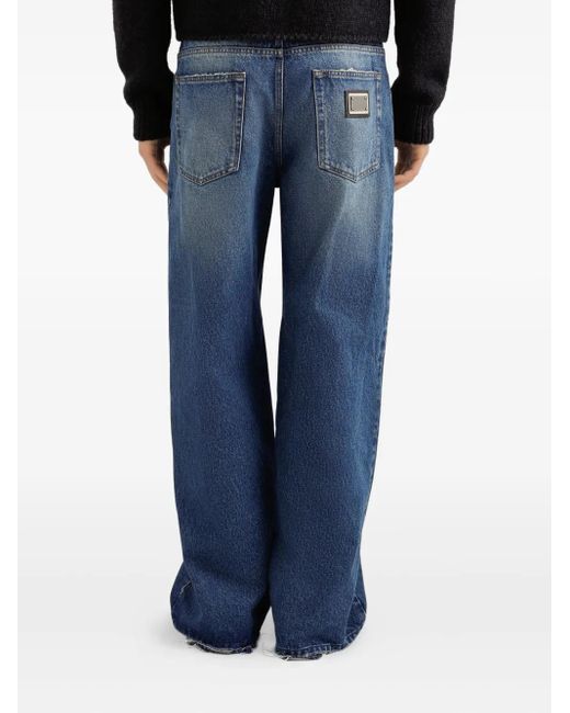 Dolce & Gabbana Blue Logo-Plaque Frayed Wide-Leg Jeans for men