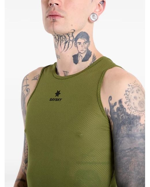 Saysky Green Mesh Base Layer Logo-Print Singlet