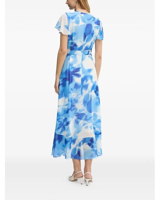 Joseph Ribkoff Blue Ruffle-Detail Printed Midi Dress