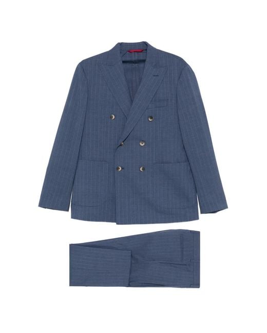 VELA SHOP Blue Pinstripe-Pattern Double-Breasted Suit for men