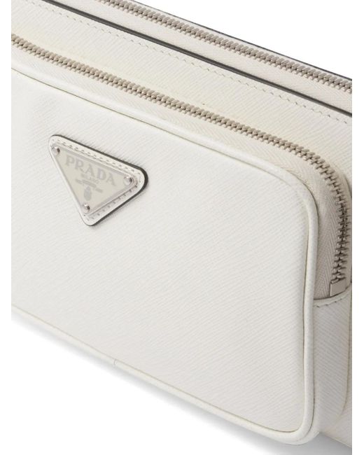 Prada White Logo-Plaque Leather Messenger Bag for men