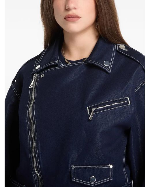 Guess Blue Belted Contrast-Stitch Biker Jacket