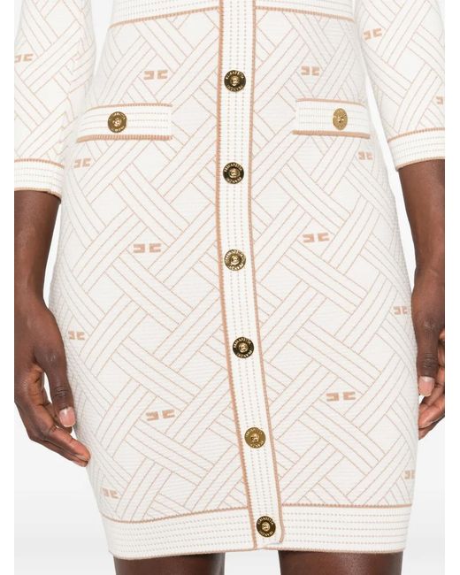 Elisabetta Franchi White Monogram-Pattern Button-Front Midi Dress