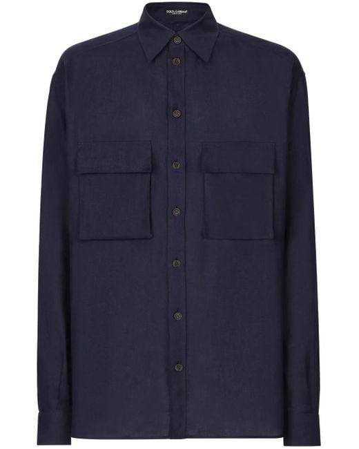 Dolce & Gabbana Blue Button-Up Linen Shirt for men