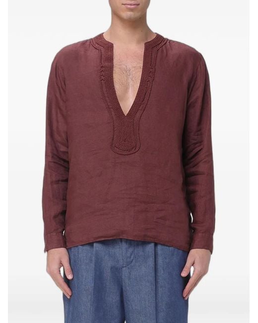 Emporio Armani Red Crochet-Trim Linen Shirt for men