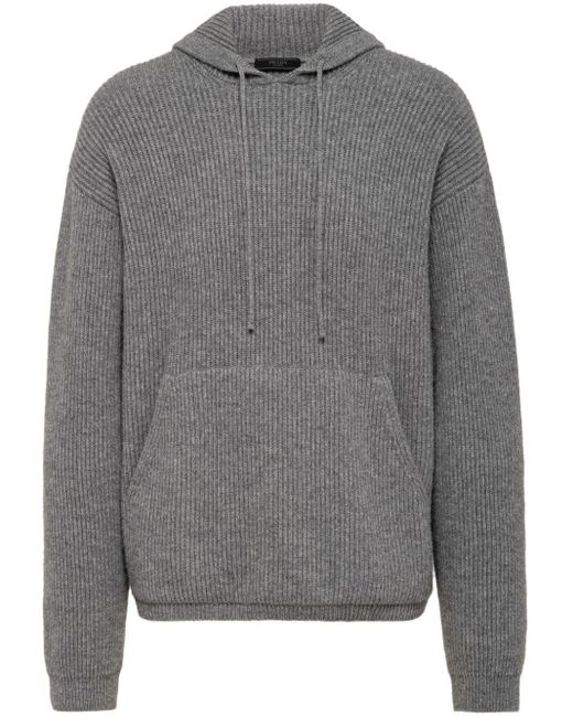 Prada Gray Ribbed-knit Cashmere Hoodie for men
