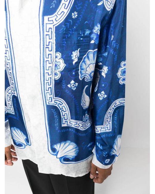 Casablanca Blue Embroidered Button-Down Silk Shirt for men