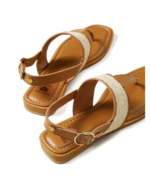 Twinset Brown Woven-Panel Leather Sandals
