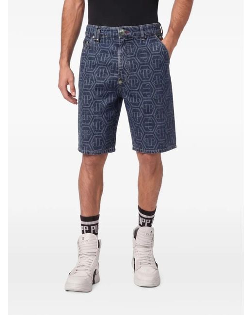 Philipp Plein Blue Denim Formentera Shorts Monogram Basic for men