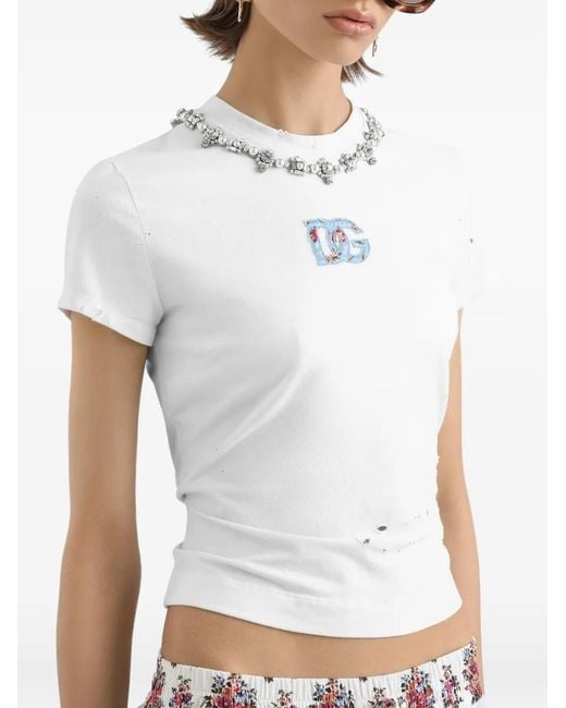 Dolce & Gabbana White Floral-Detail Crew Neck T-Shirt