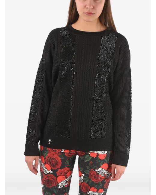 Philipp Plein Black Crystal-Embellished Cable-Knit Sweater