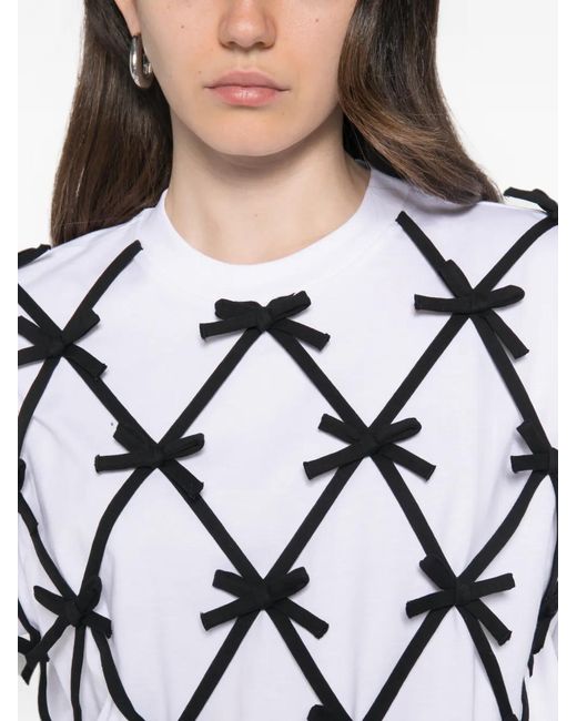 Moschino White Bow-Embellished Lattice-Overlay T-Shirt