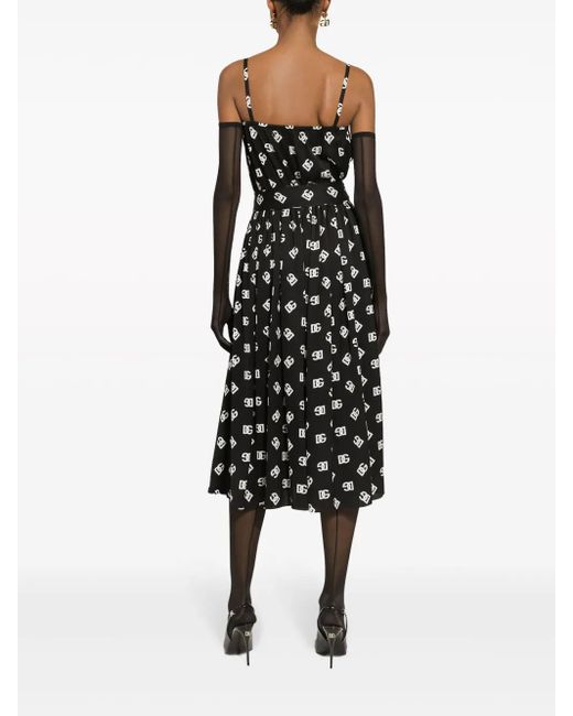 Dolce & Gabbana Black Dg Print Pleated Dress