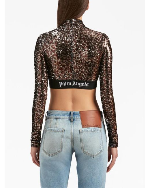 Palm Angels Black Logo-Strap Sequin Cropped Top