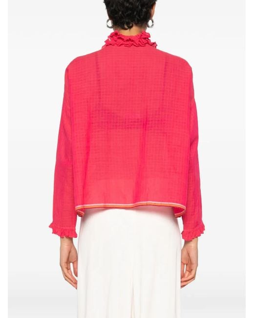 Injiri Pink Ruffle-Trimmed Checked Blouse