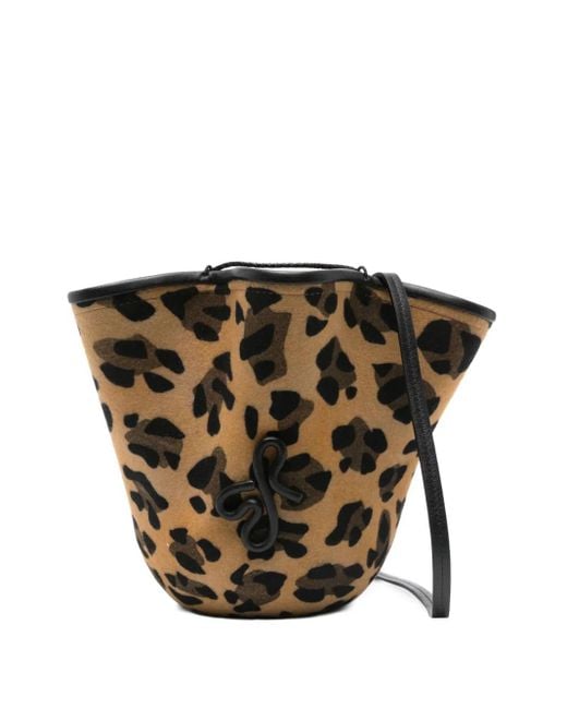Ruslan Baginskiy Black Leopard-Print Ruffled Bucket Bag