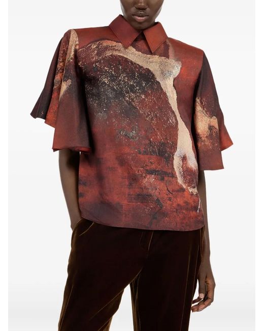 Roberto Cavalli Red Marble-Print Silk Blouse