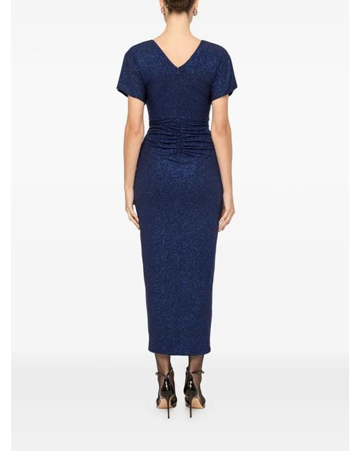 Nissa Blue V-Neck Draped Midi Dress