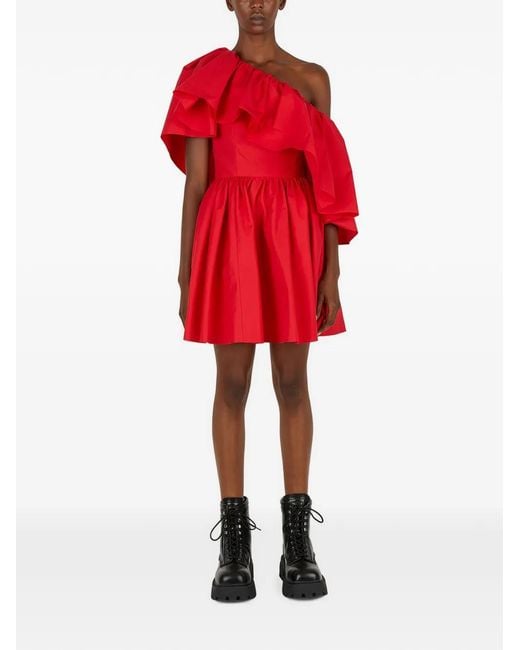 McQueen Red Off-Shoulder Pleated Minidress