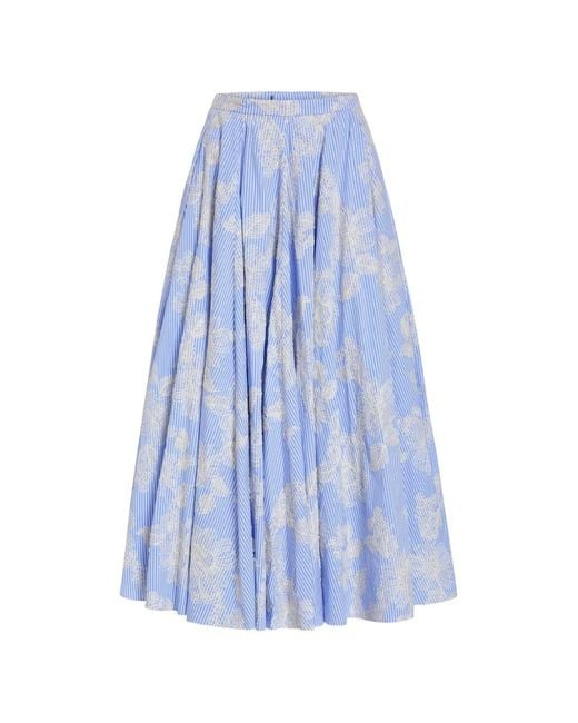 Markarian Blue Soleil Floral-Embroidered Striped Midi Skirt