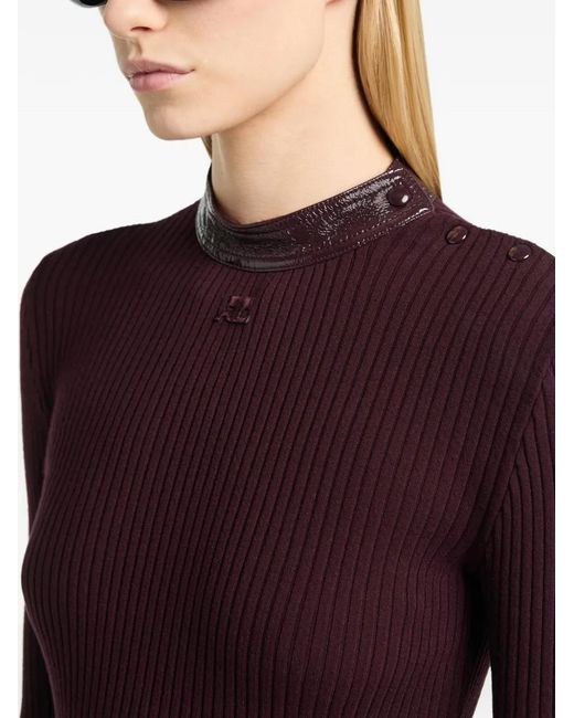 Courreges Purple Vinyl-Collar Ribbed-Knit Sweater