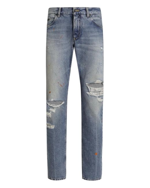 Dolce & Gabbana Blue Ripped Logo-Plaque Jeans for men