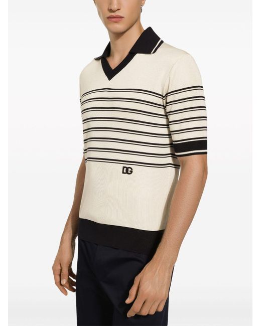 Dolce & Gabbana Natural Striped Logo-embroidered Polo Shirt for men