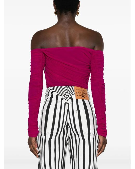 Mugler Pink Off-Shoulder Ruched Bodysuit