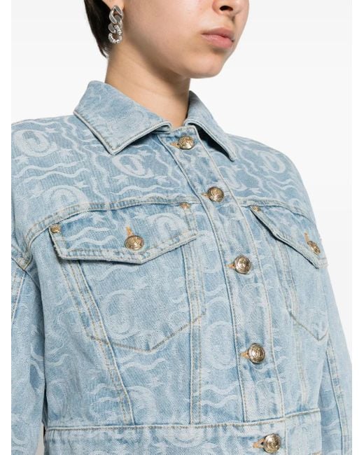 Just Cavalli Blue Logo-Jacquard Cropped Denim Jacket