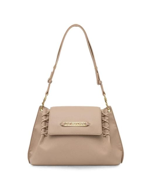Love Moschino Natural Logo-Lettering Whipstitched Shoulder Bag