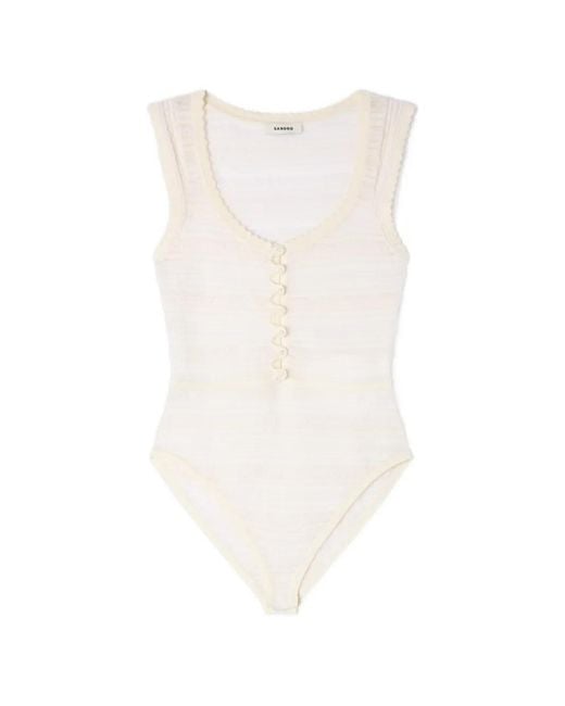 Sandro White Pearl-Button Knitted Bodysuit