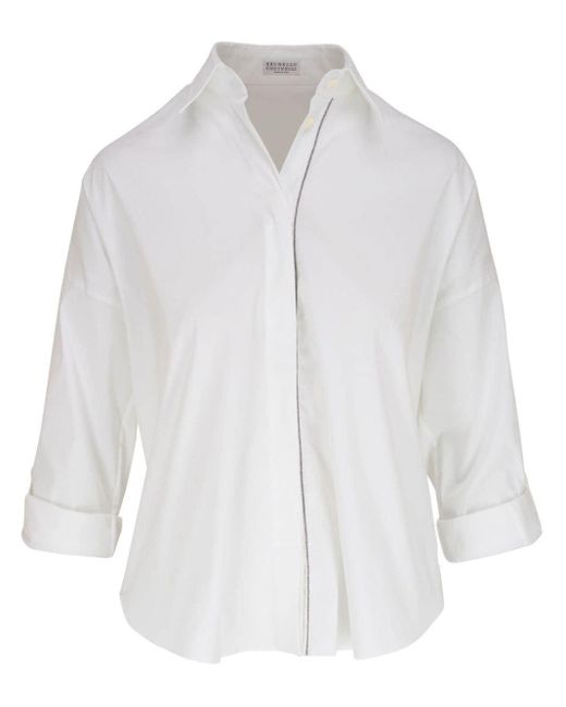 Brunello Cucinelli White Monili-trim Cotton-blend Shirt