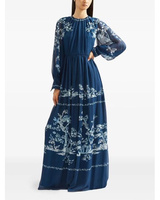 Erdem Blue Long-Sleeve Print Gown