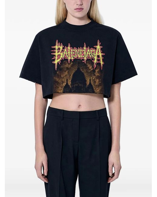 Balenciaga Blue Graphic-Print Cropped T-Shirt