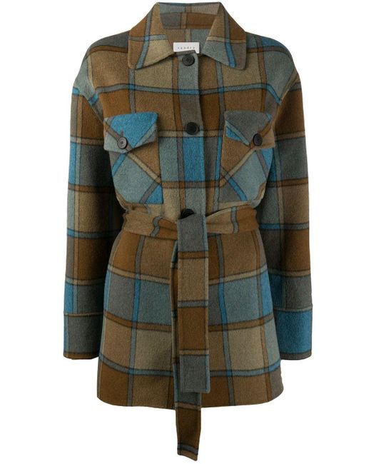 Sandro Brown Belted Check Coat