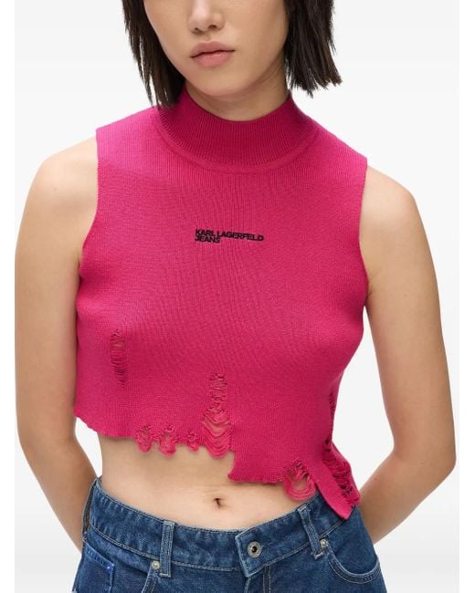 Karl Lagerfeld Pink Sleeveless Crop Top With High Neckline
