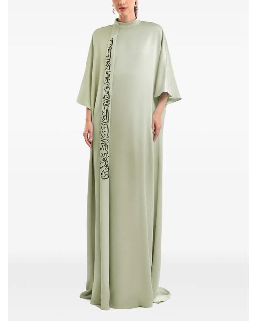 Gemy Maalouf Green Calligraphy Stand-Collar Maxi Dress