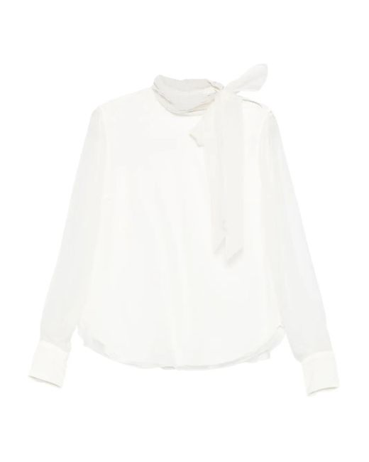 Brunello Cucinelli White Bow-Detail Long-Sleeve Blouse