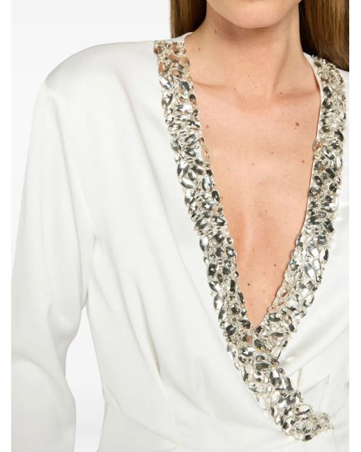 Genny White Crystal-Embellished Wrap Blouse