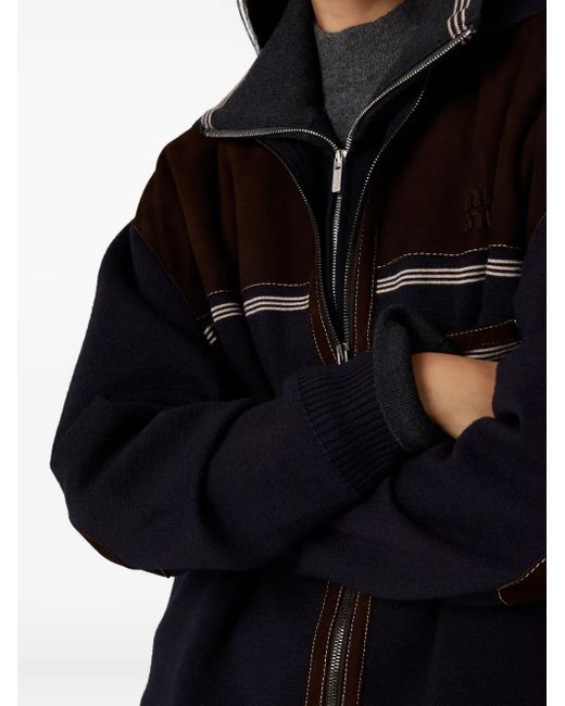 Miu Miu Black Leather-Panel Wool Cardigan