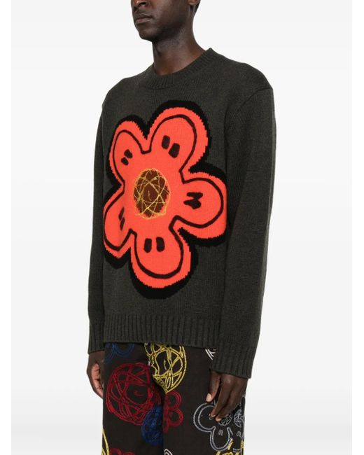 KENZO Red Flower-Embellishment Crew-Neck Sweater for men