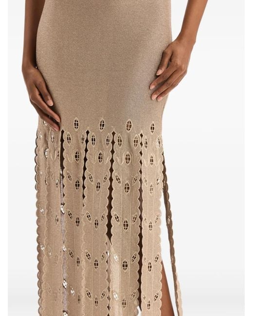 Oscar de la Renta White Pineapple Fringe Metallic Jersey Dress